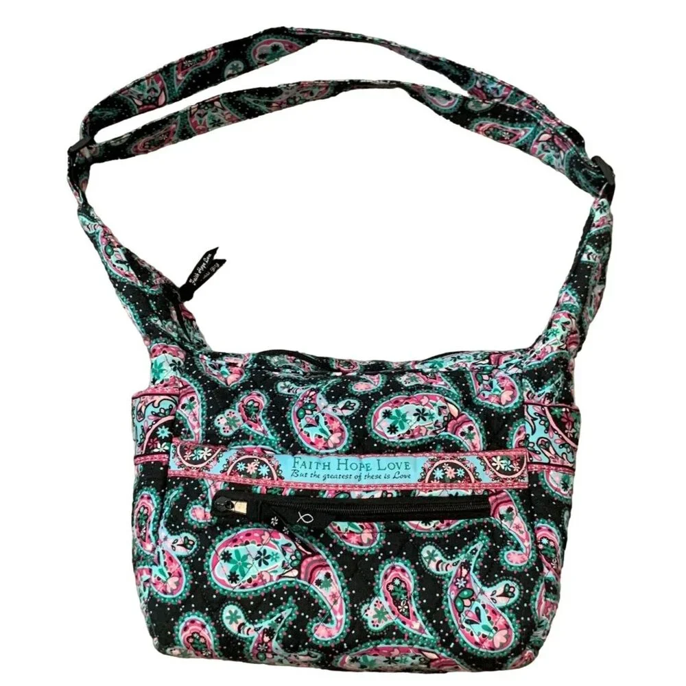 Faith Hope Love Shoulder Bag Black Paisley Floral Quilted Multi-Pocket Purse Zip - Picture 2 of 16